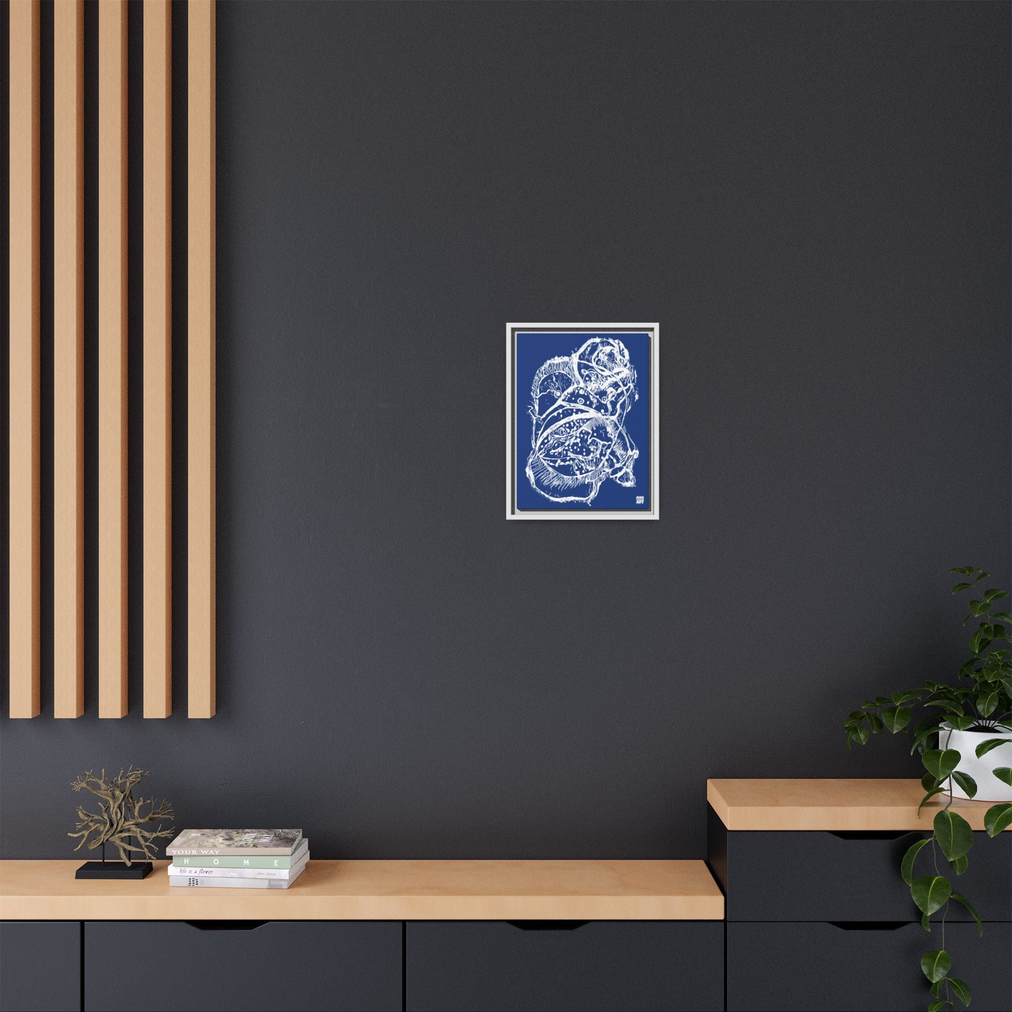 Exploration (White, Dark Blue Background) Matte Canvas, Framed