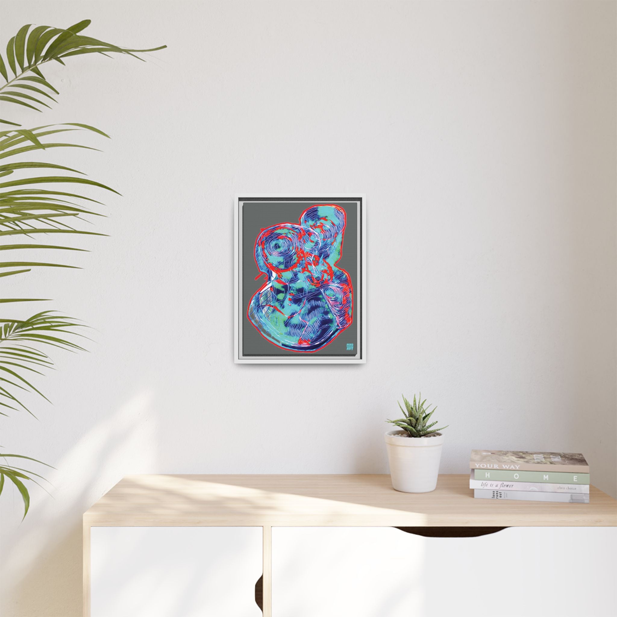 Curiosity (Red & Teal, Dark Gray Background) Matte Canvas, Framed
