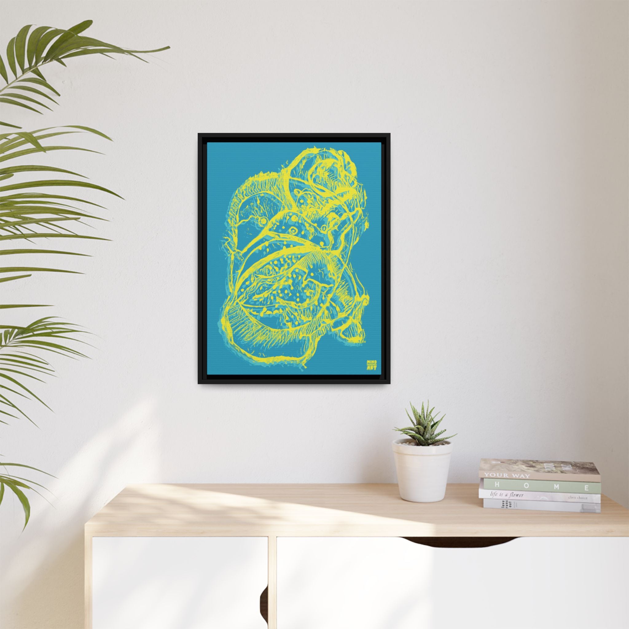 Exploration (Blur, Blue & Yellow, Dark Blue Background) Matte Canvas, Framed