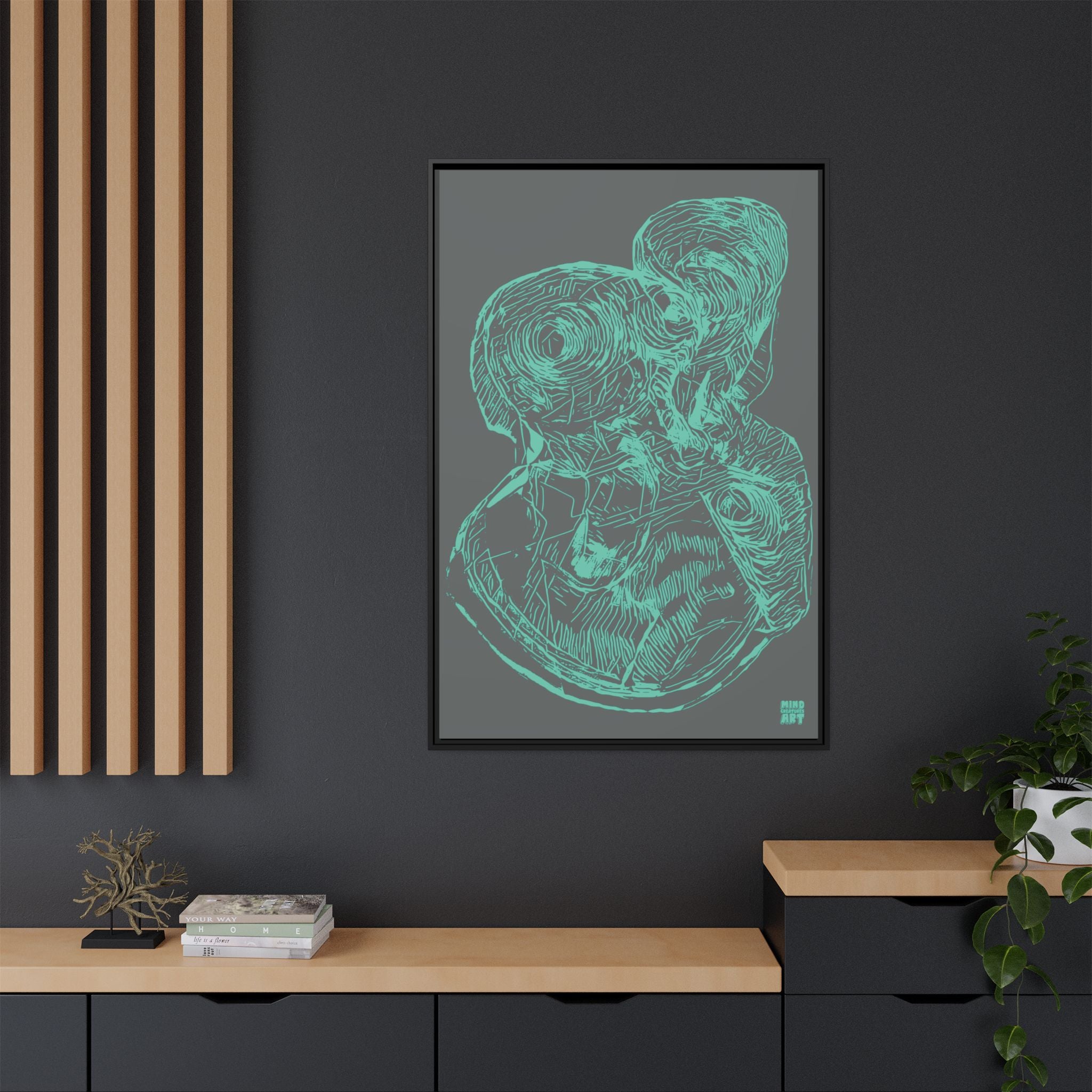 Curiosity (Teal, Dark Gray Background) Matte Canvas, Framed