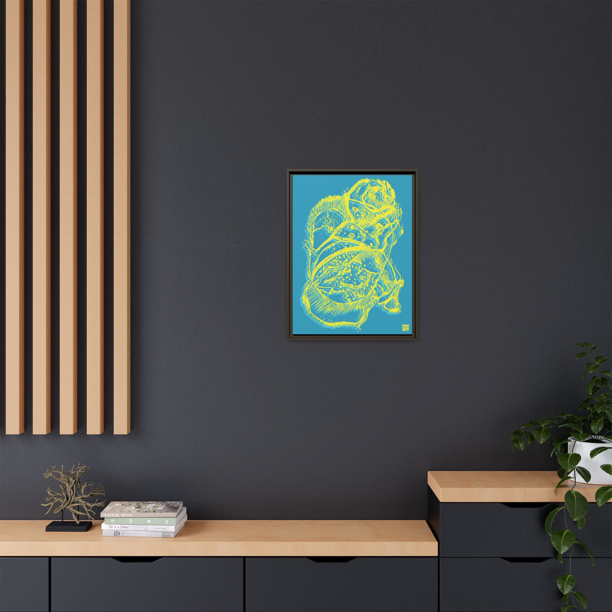 Exploration (Blur, Blue & Yellow, Dark Blue Background) Matte Canvas, Framed