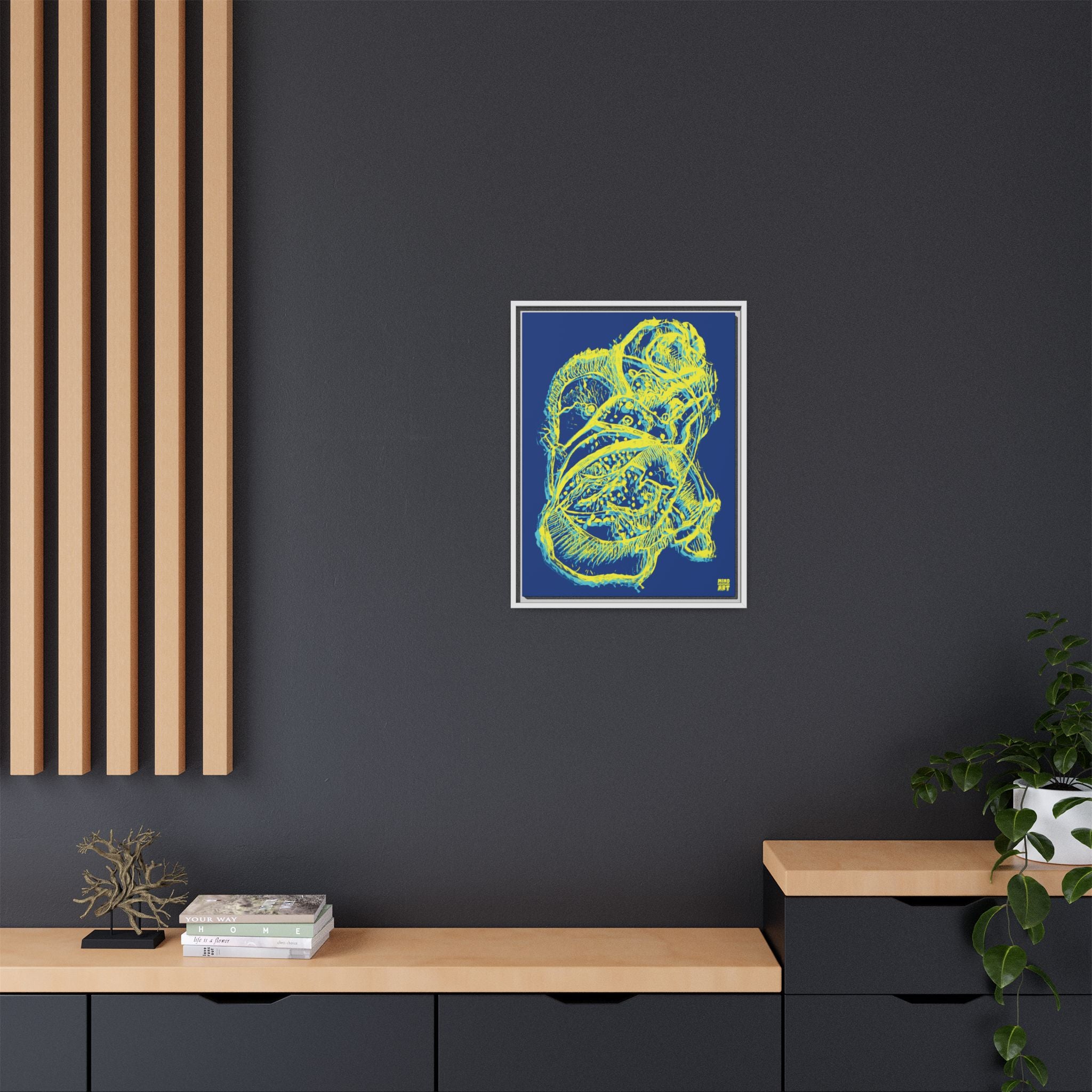 Exploration (Blur, Blue & Yellow, Dark Blue Background) Matte Canvas, Framed