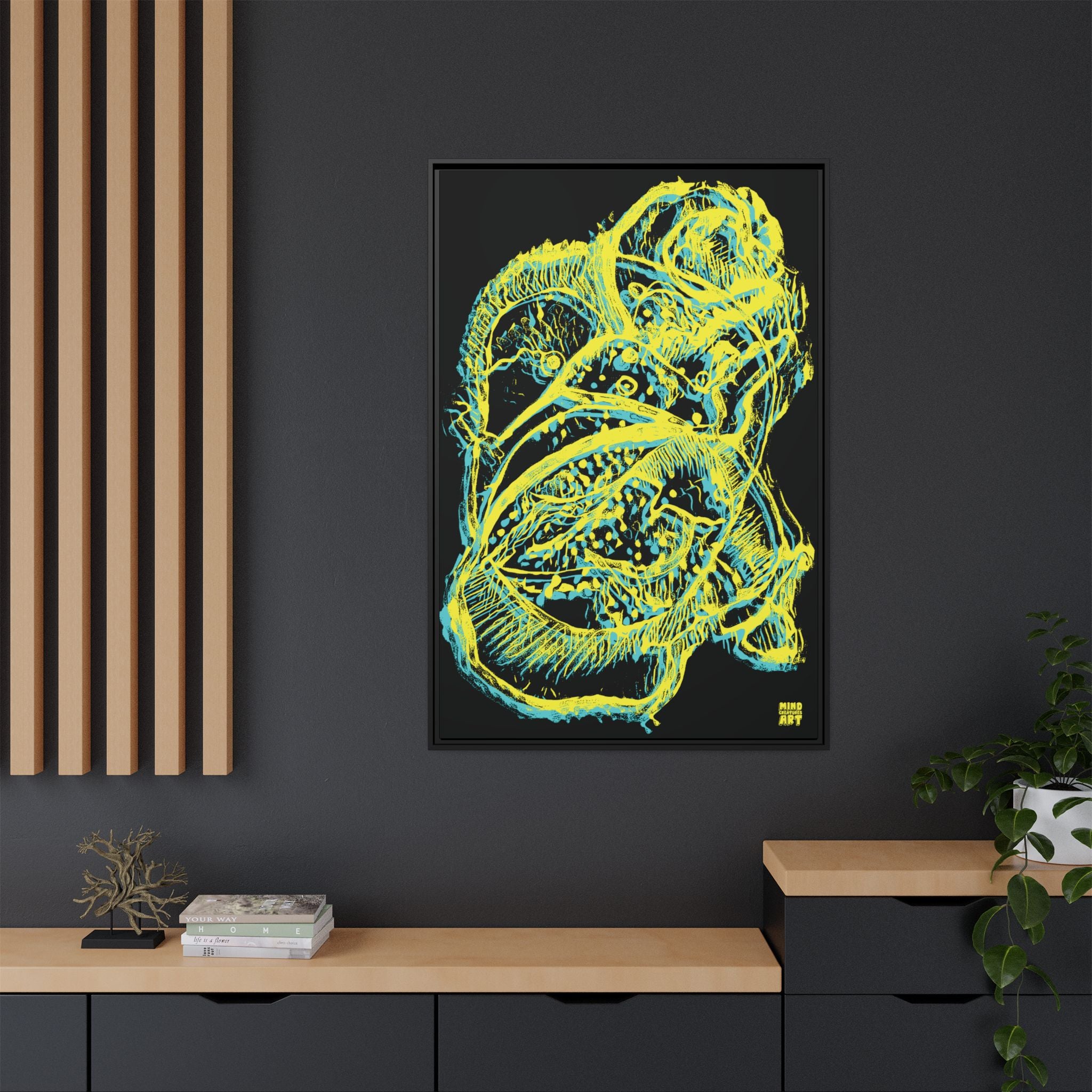 Exploration (Blur, Blue & Yellow, Black Background) Matte Canvas, Framed