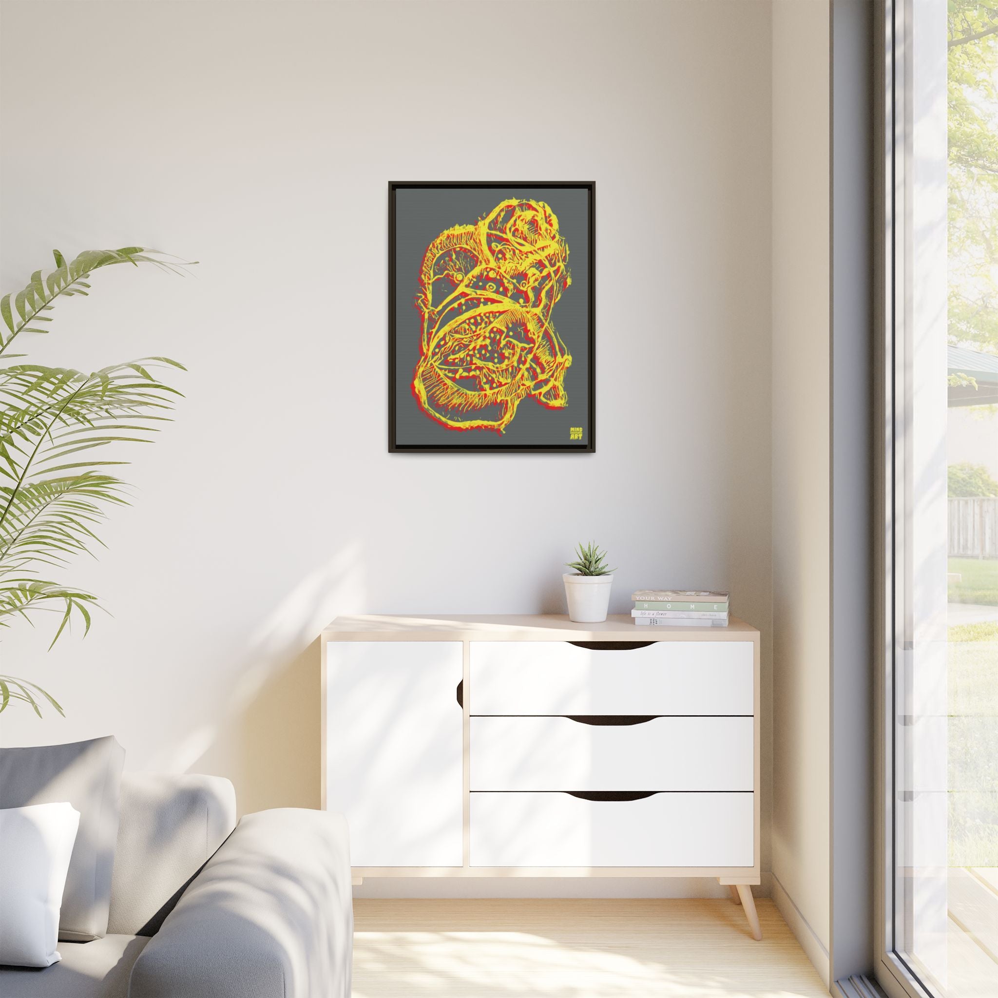 Exploration (Blur, Red & Yellow, Dark Gray Background) Matte Canvas, Framed