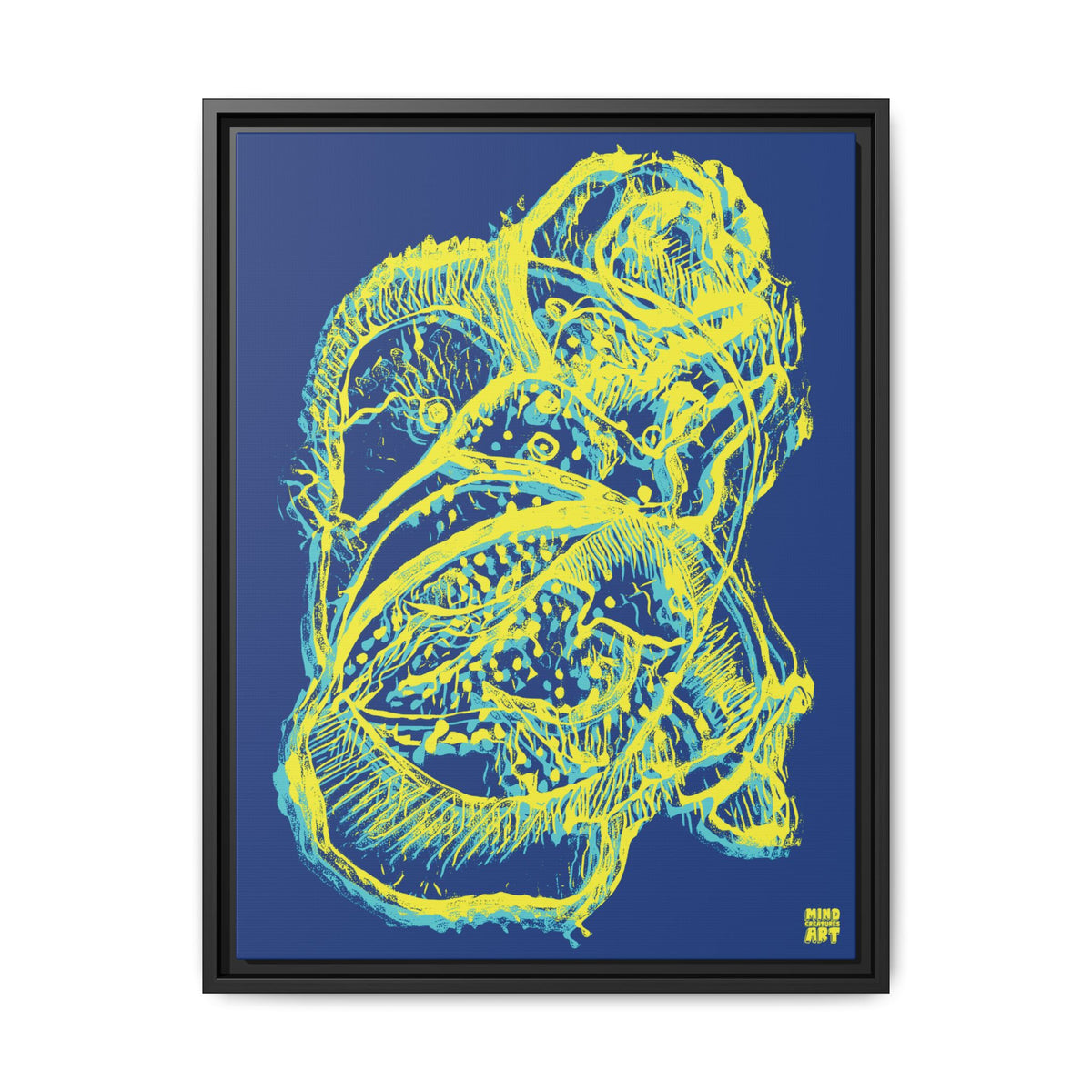 Exploration (Blur, Blue & Yellow, Dark Blue Background) Matte Canvas, Framed