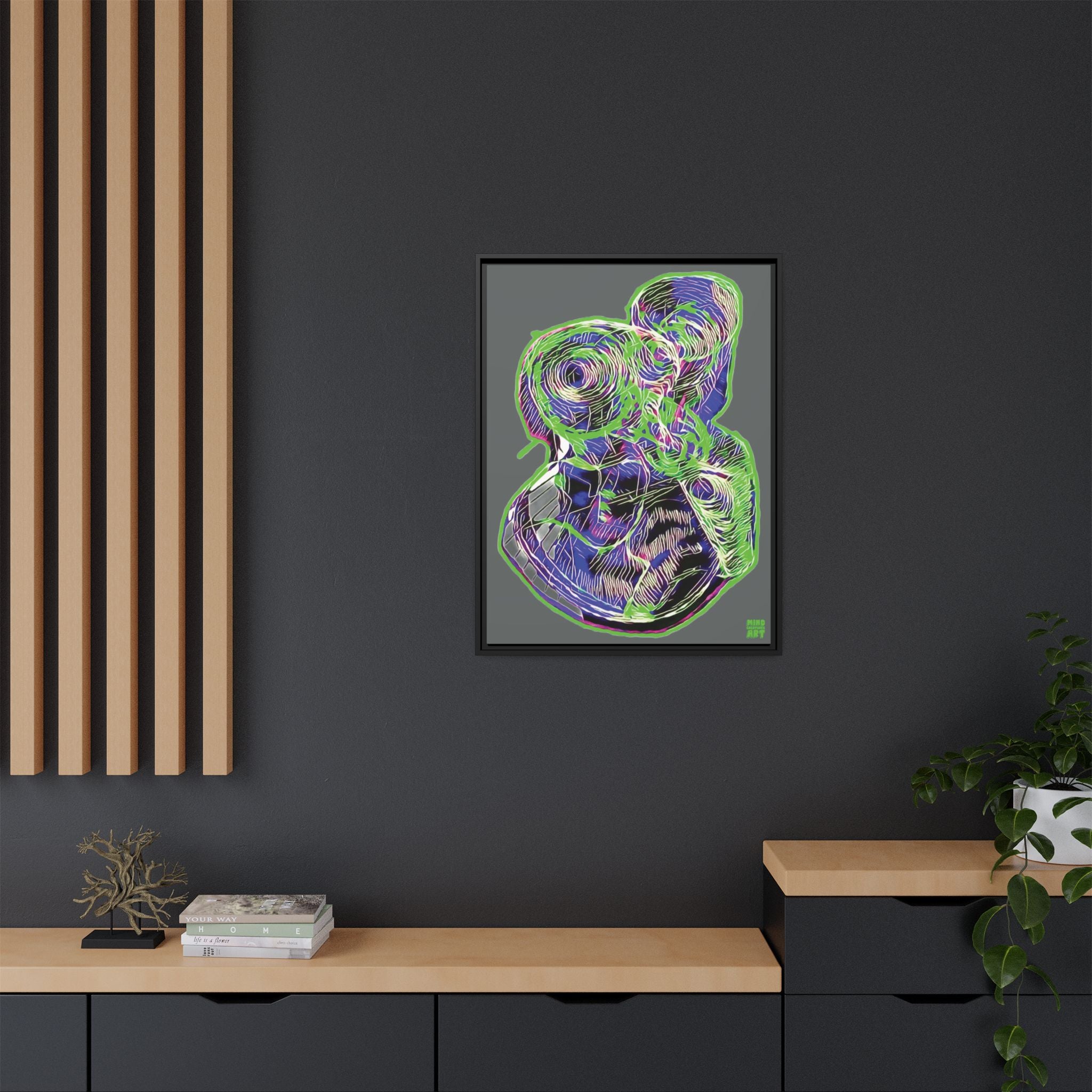 Curiosity (Electric Green, Dark Gray Background) Matte Canvas, Framed