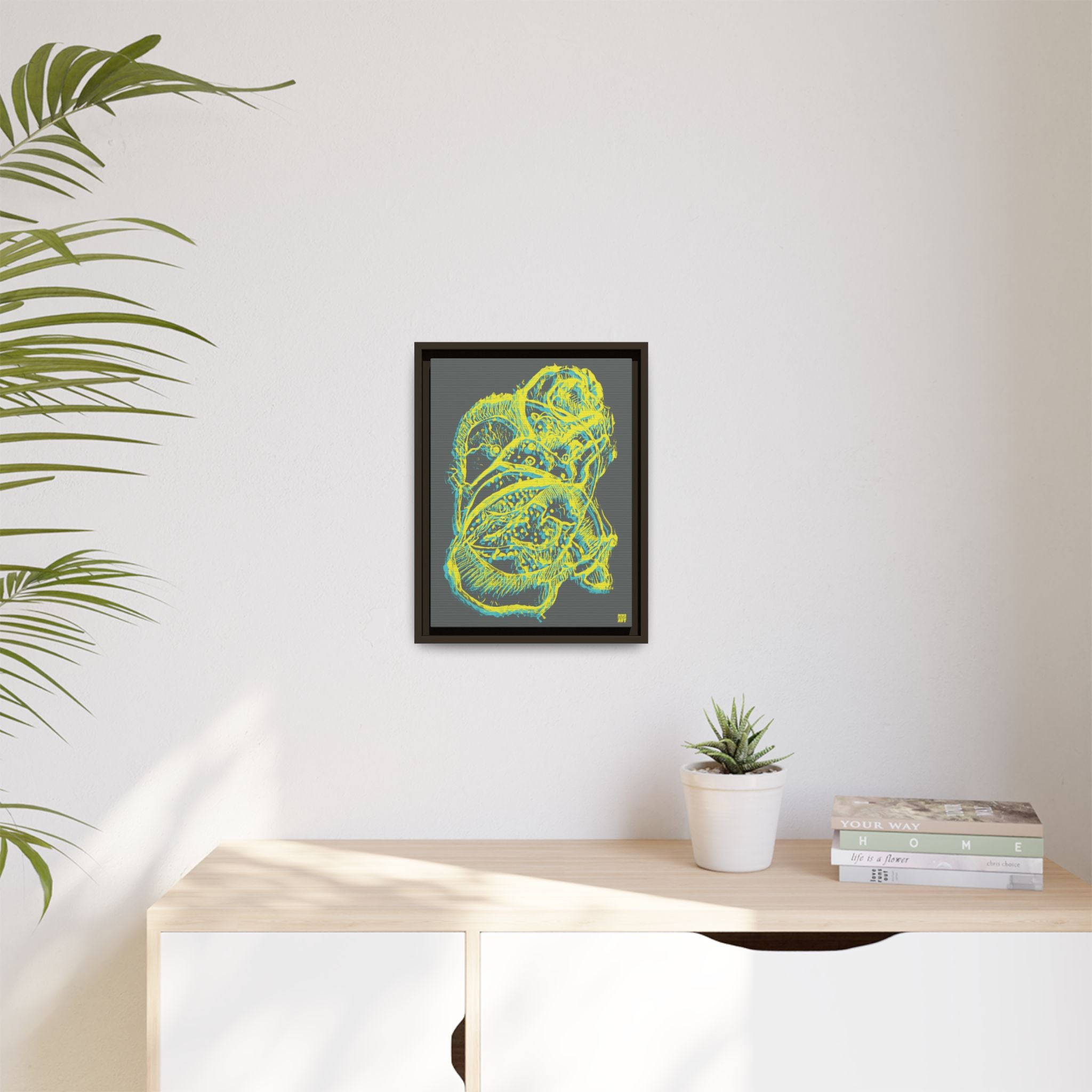 Exploration (Blur, Blue & Yellow, Dark Gray Background) Matte Canvas, Framed