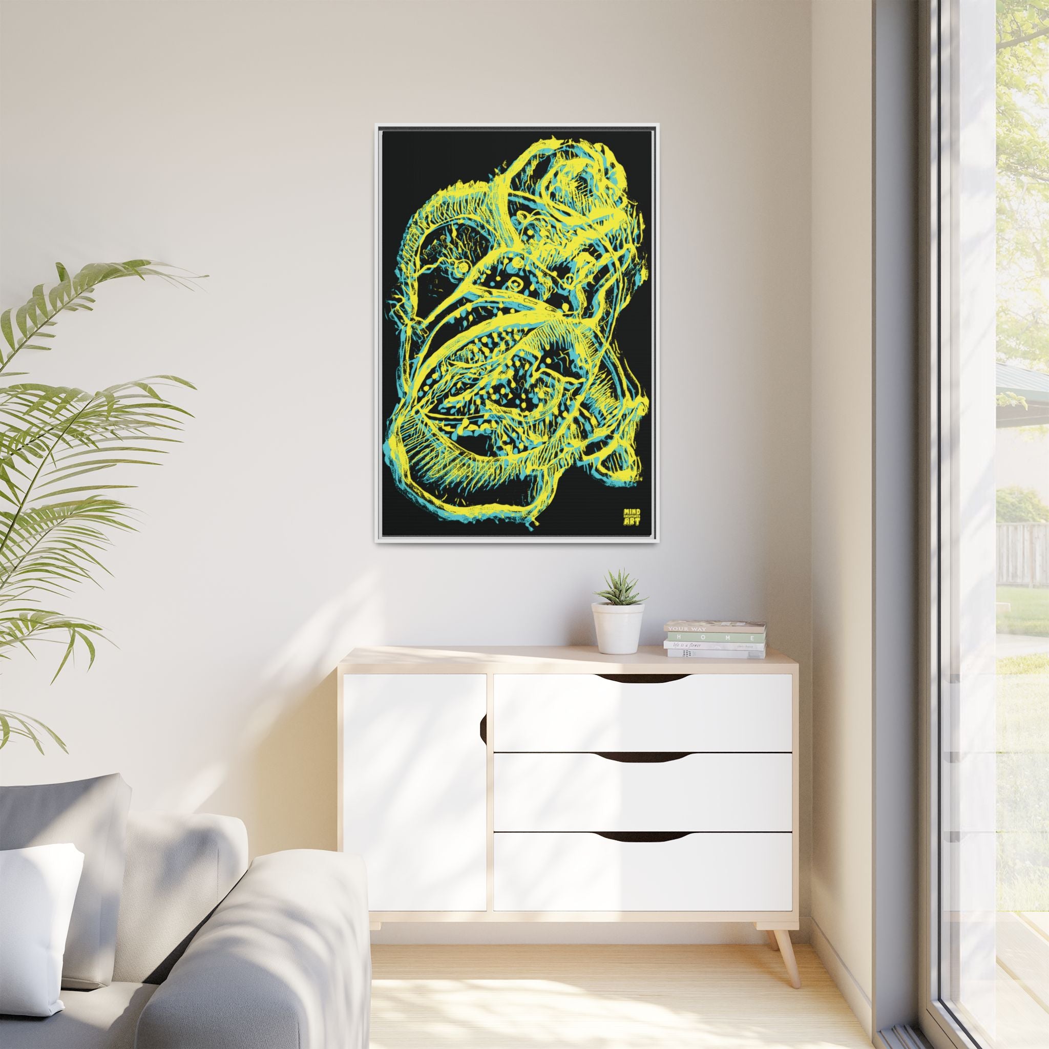 Exploration (Blur, Blue & Yellow, Black Background) Matte Canvas, Framed