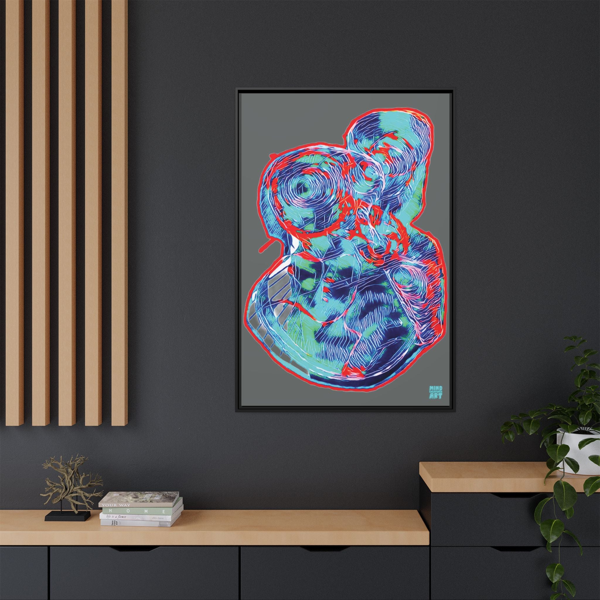 Curiosity (Red & Teal, Dark Gray Background) Matte Canvas, Framed