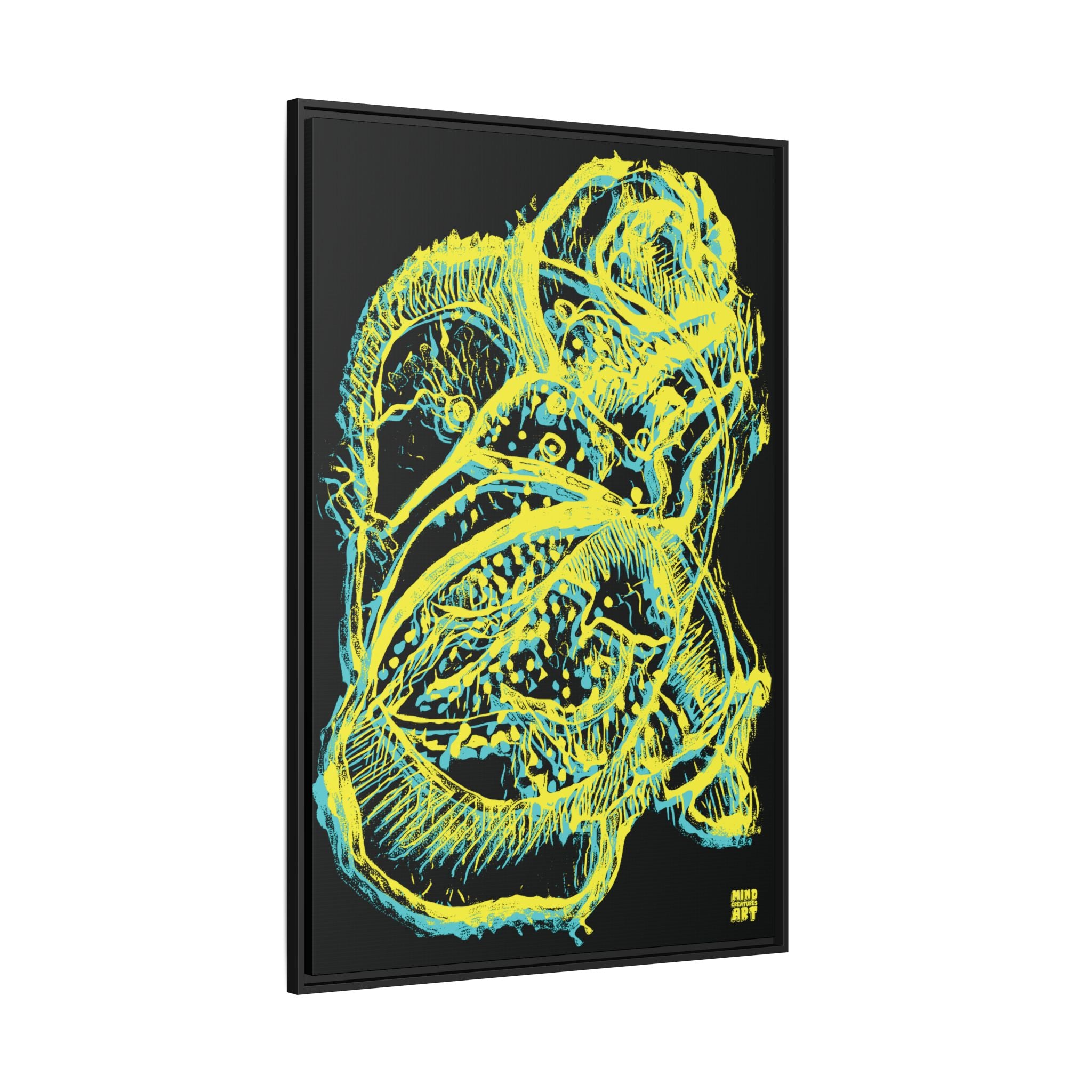 Exploration (Blur, Blue & Yellow, Black Background) Matte Canvas, Framed