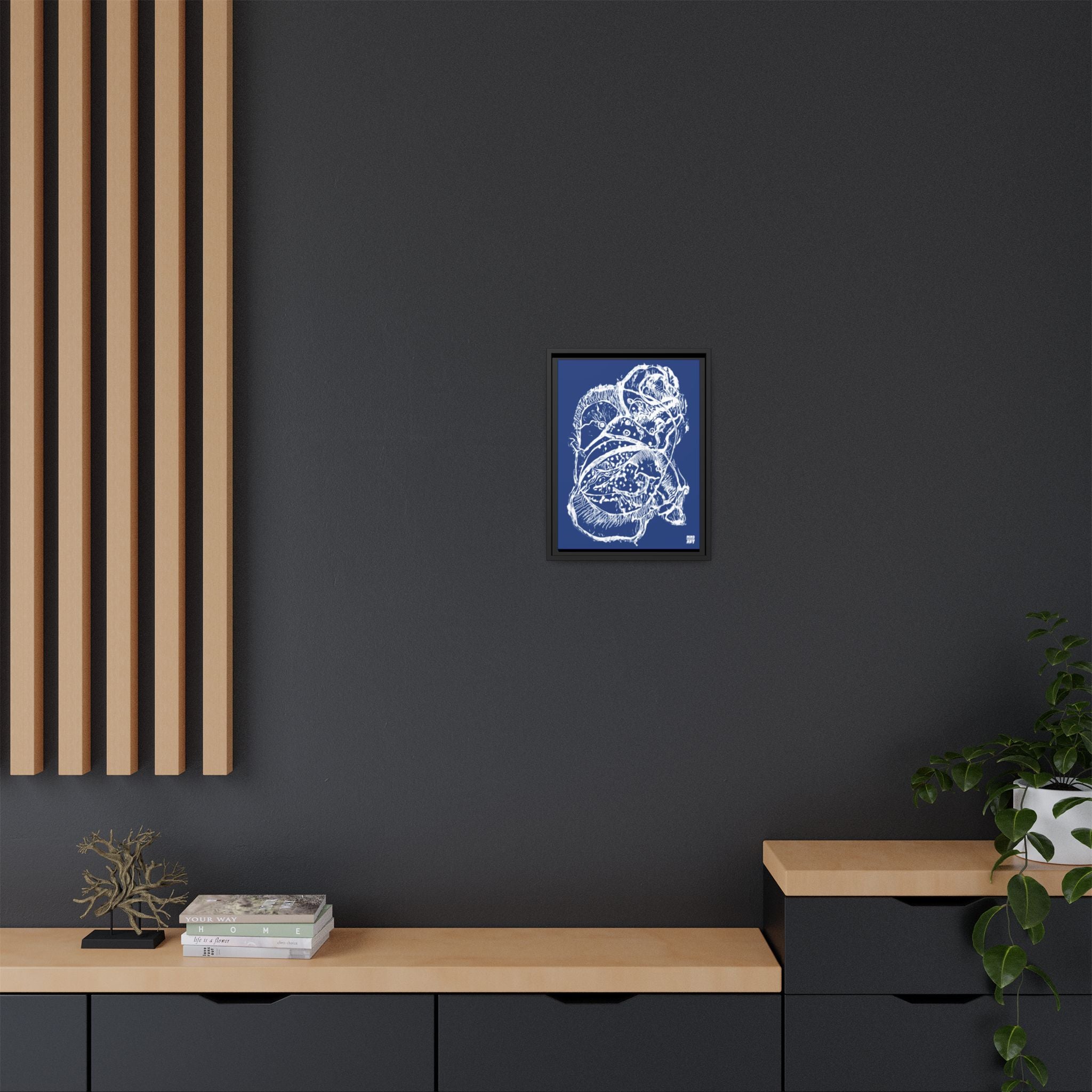 Exploration (White, Dark Blue Background) Matte Canvas, Framed