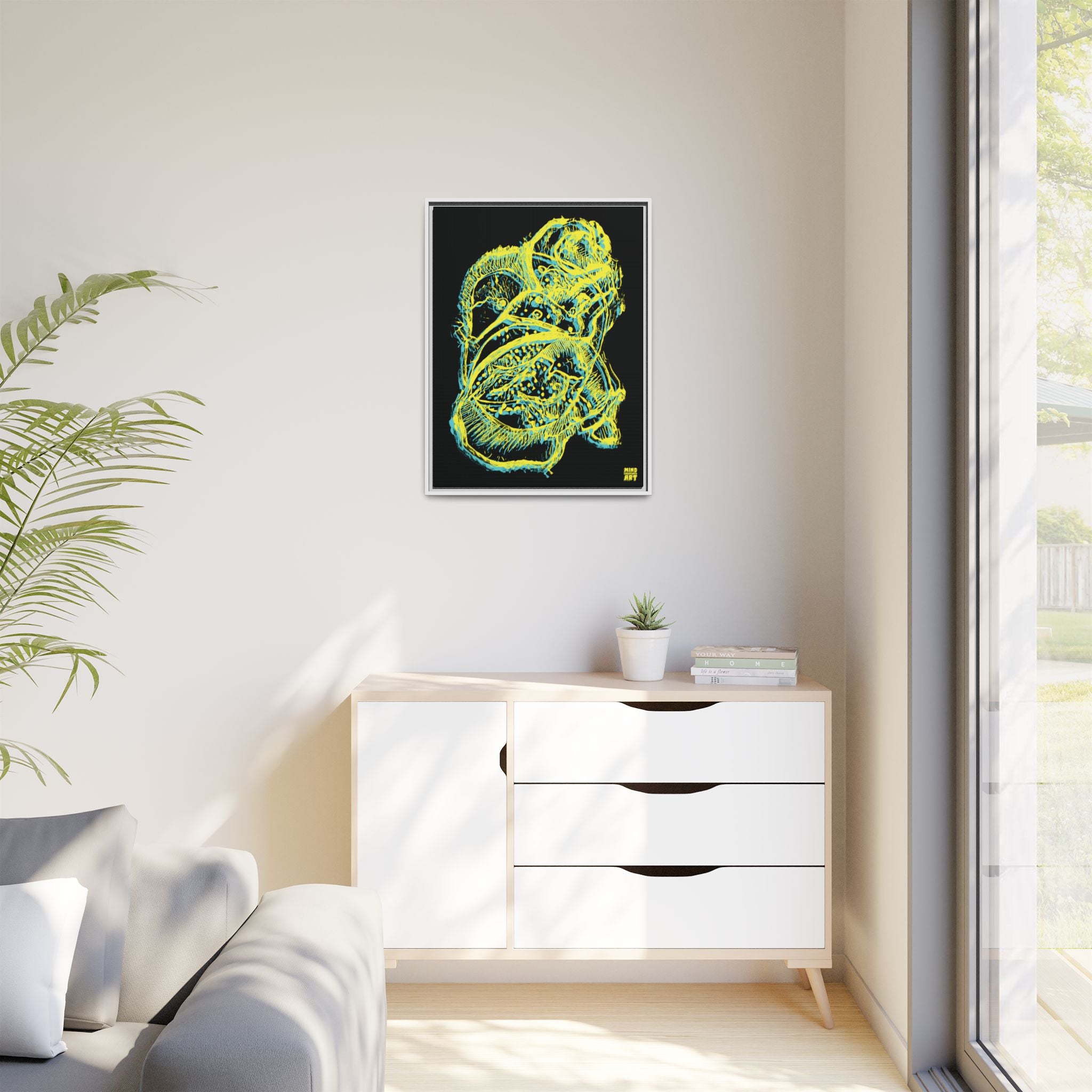 Exploration (Blur, Blue & Yellow, Black Background) Matte Canvas, Framed