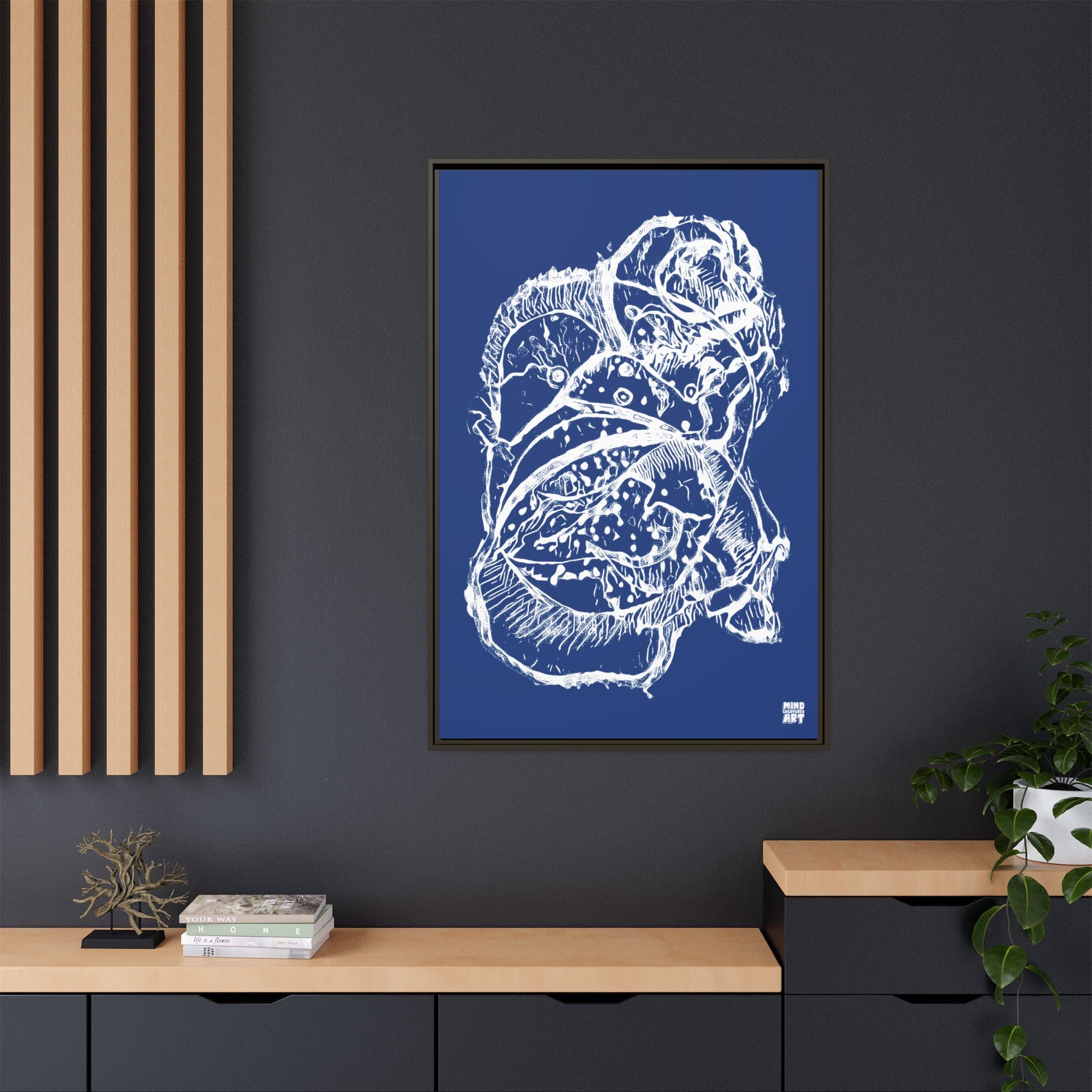 Exploration (White, Dark Blue Background) Matte Canvas, Framed