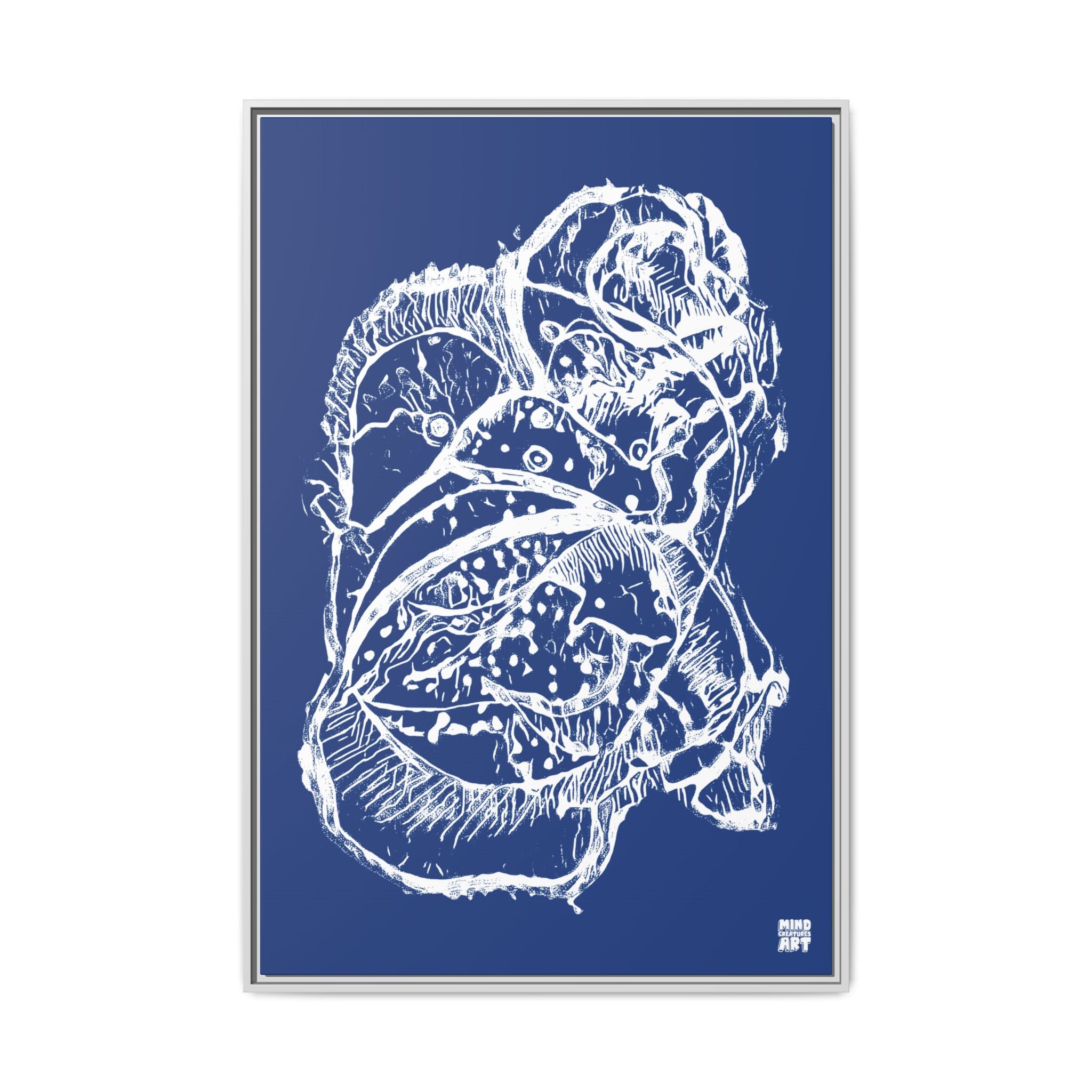 Exploration (White, Dark Blue Background) Matte Canvas, Framed