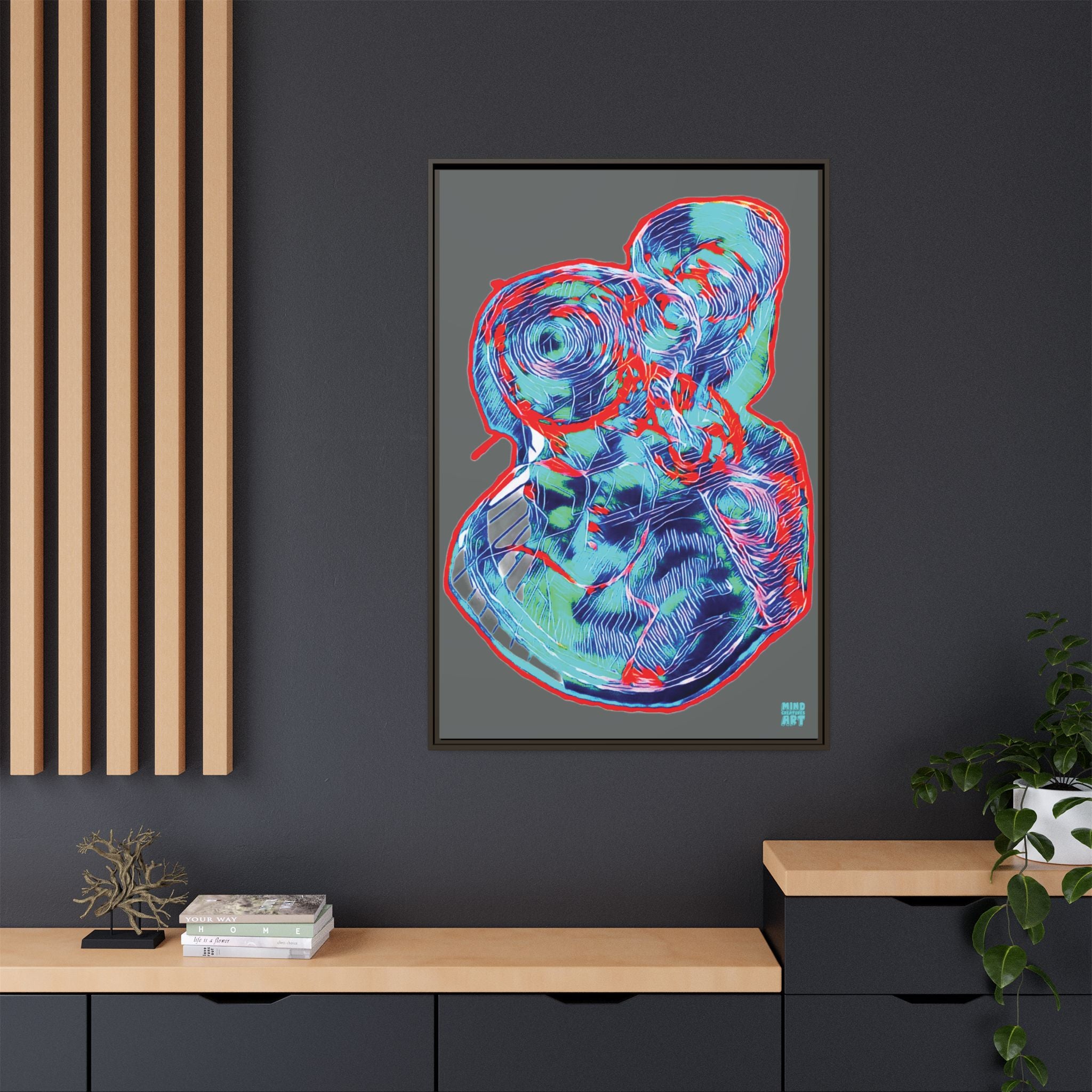 Curiosity (Red & Teal, Dark Gray Background) Matte Canvas, Framed