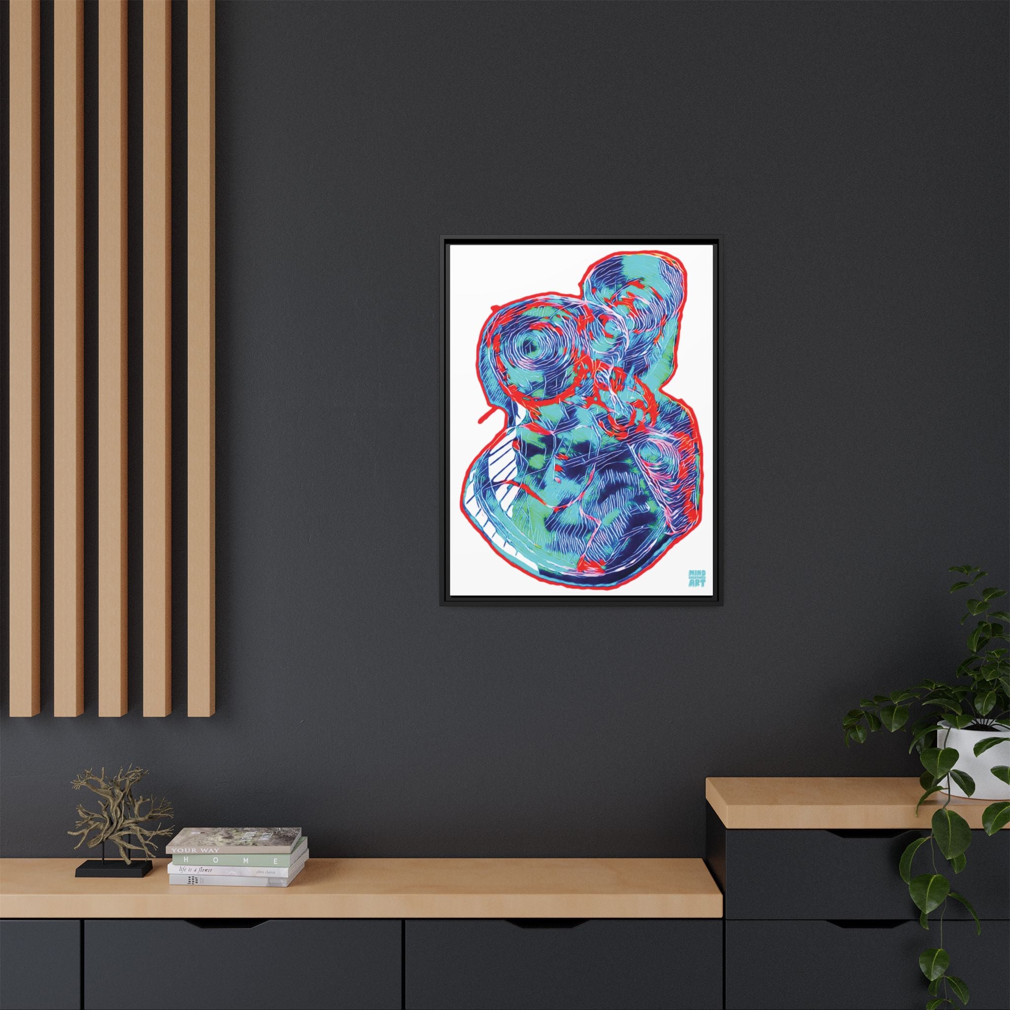 Curiosity (Red & Teal, White Background) Matte Canvas, Framed