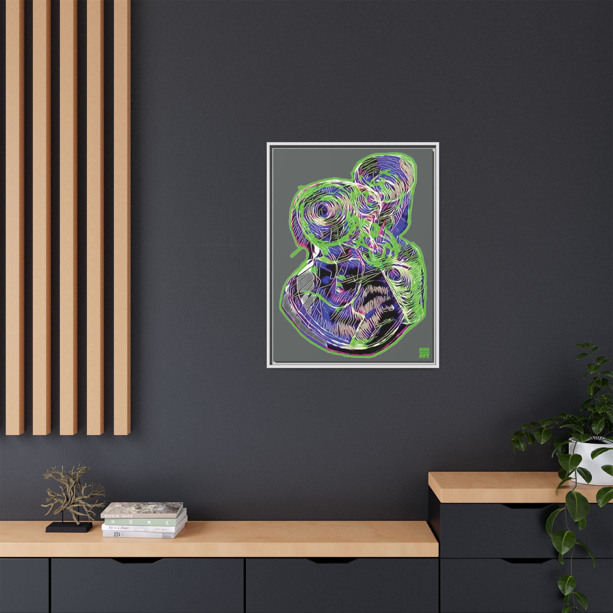 Curiosity (Electric Green, Dark Gray Background) Matte Canvas, Framed