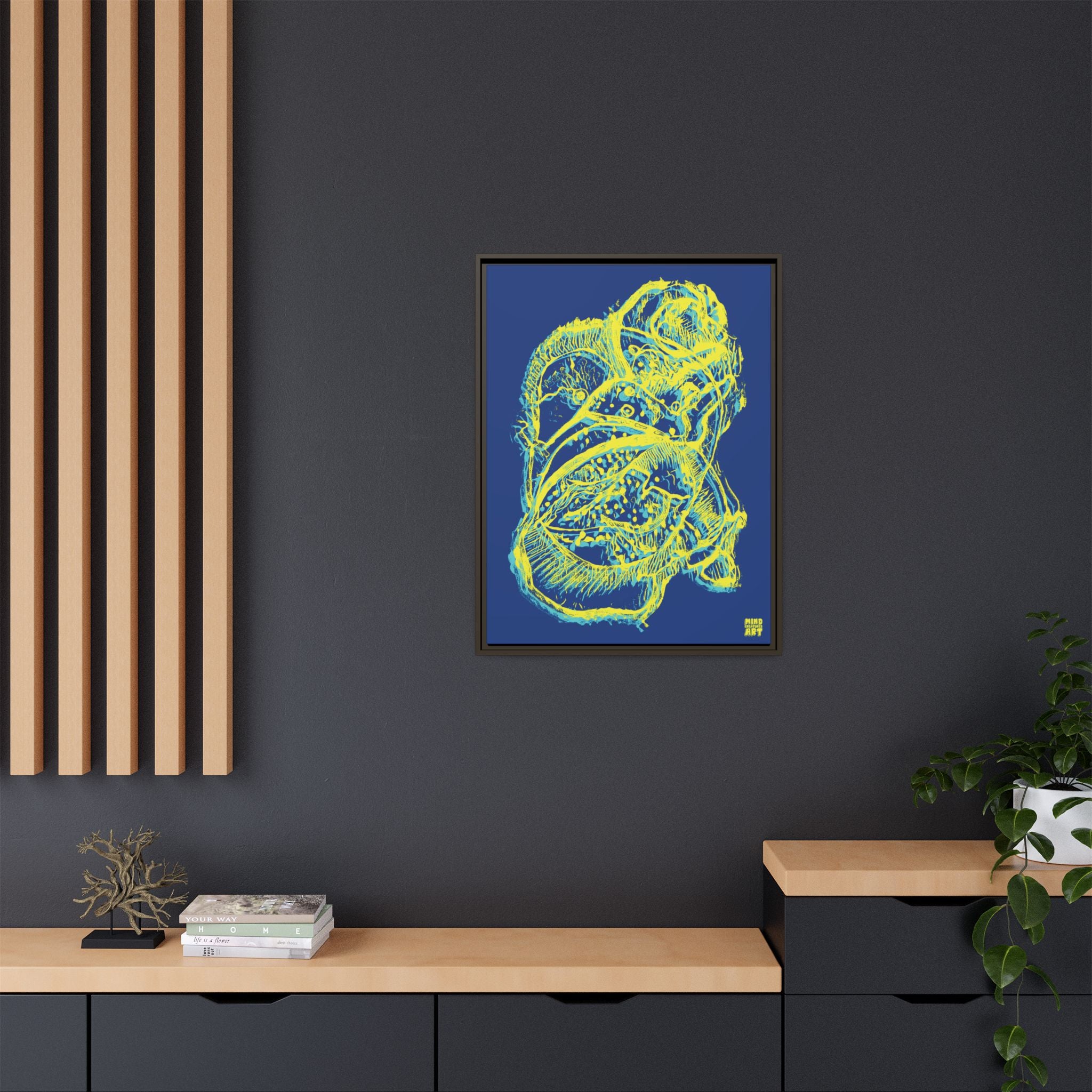 Exploration (Blur, Blue & Yellow, Dark Blue Background) Matte Canvas, Framed