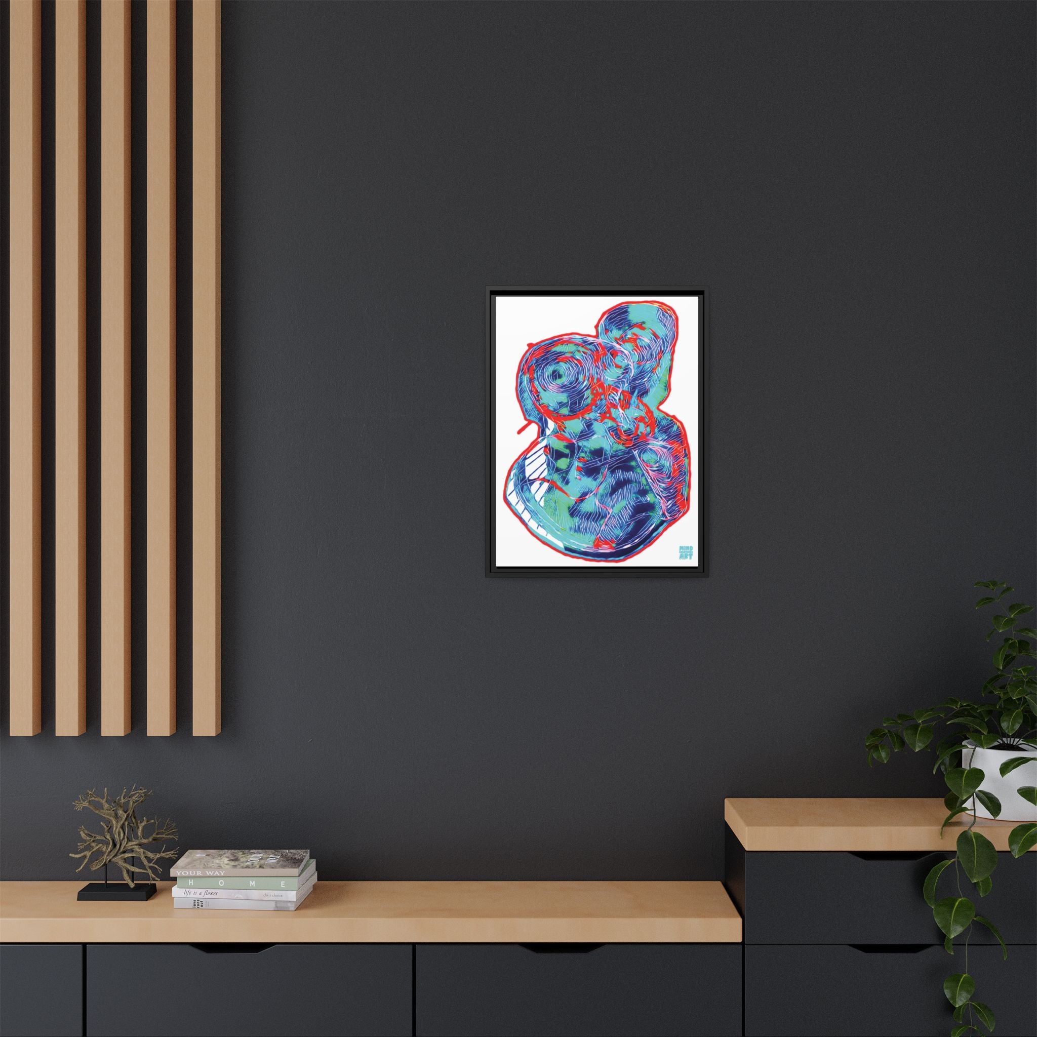 Curiosity (Red & Teal, White Background) Matte Canvas, Framed