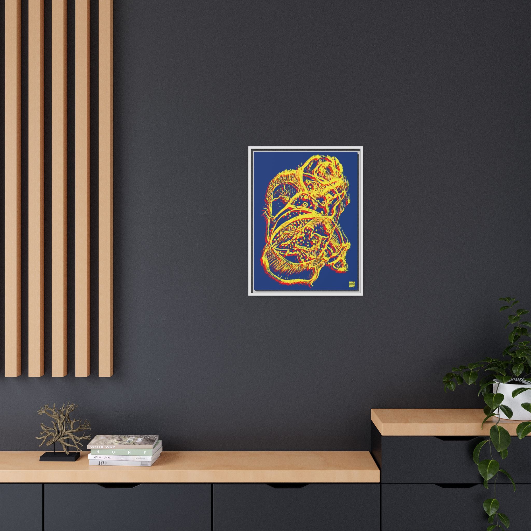 Exploration (Blur, Red & Yellow, Dark Blue Background) Matte Canvas, Framed