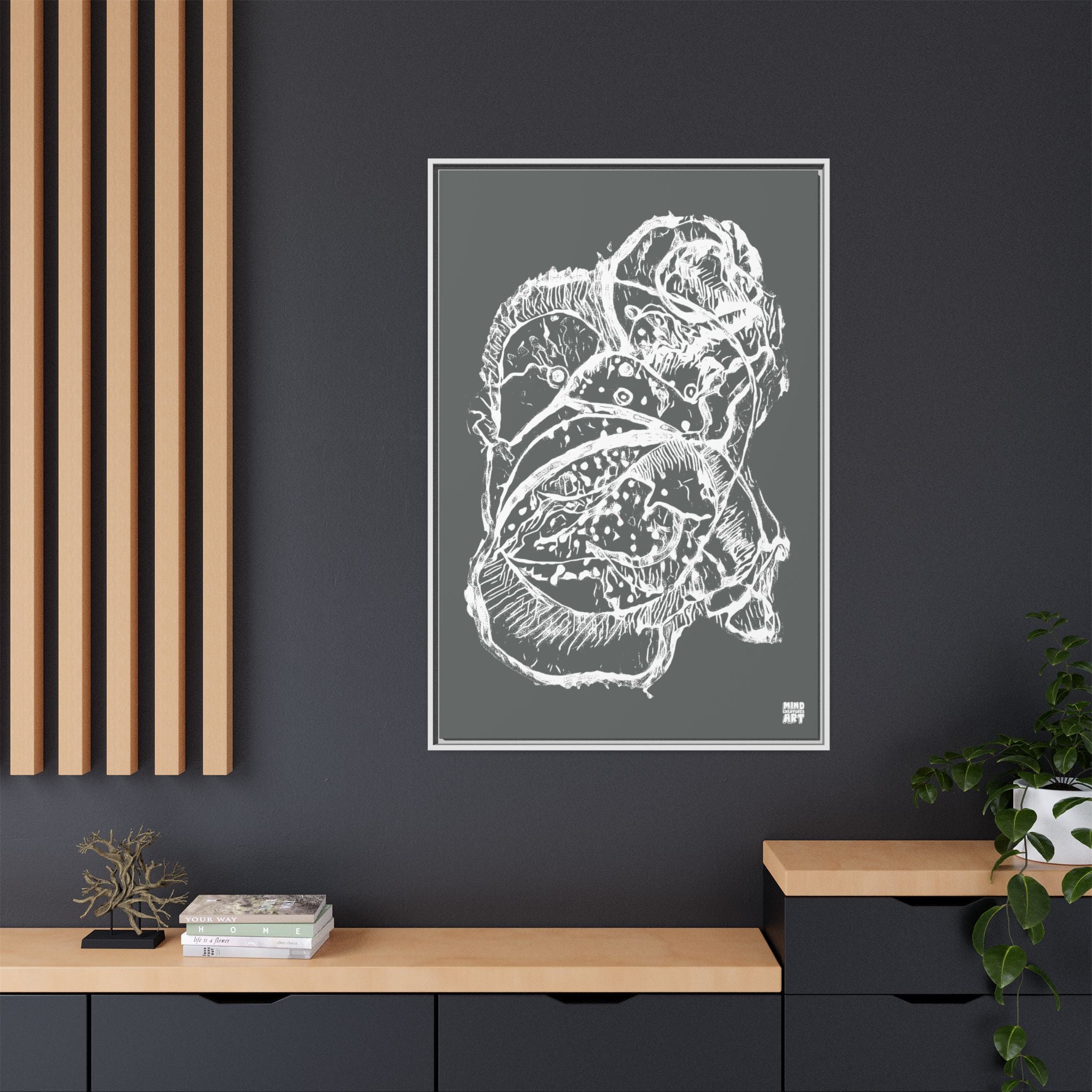 Exploration (White, Dark Gray Background) Matte Canvas, Framed