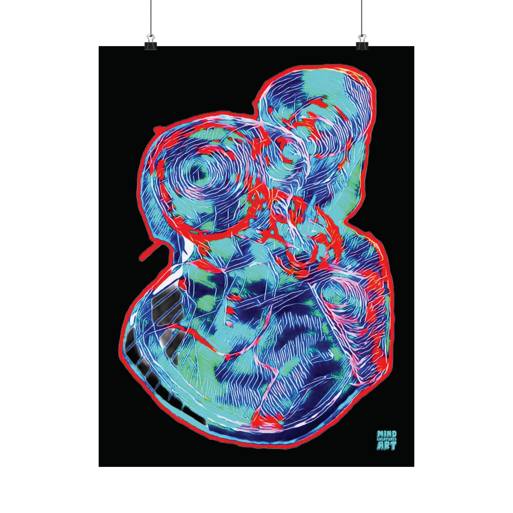 Curiosity (Red & Teal, Black Background) Matte Vertical Poster