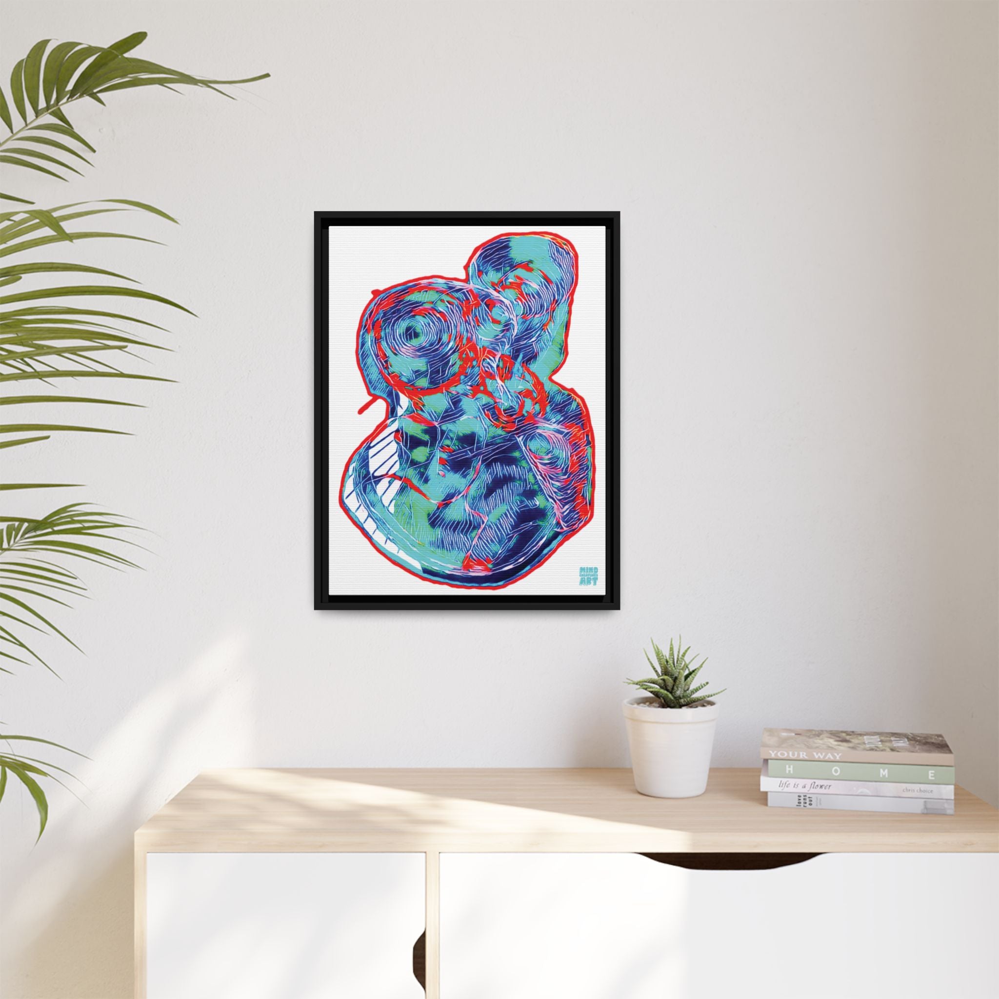 Curiosity (Red & Teal, White Background) Matte Canvas, Framed