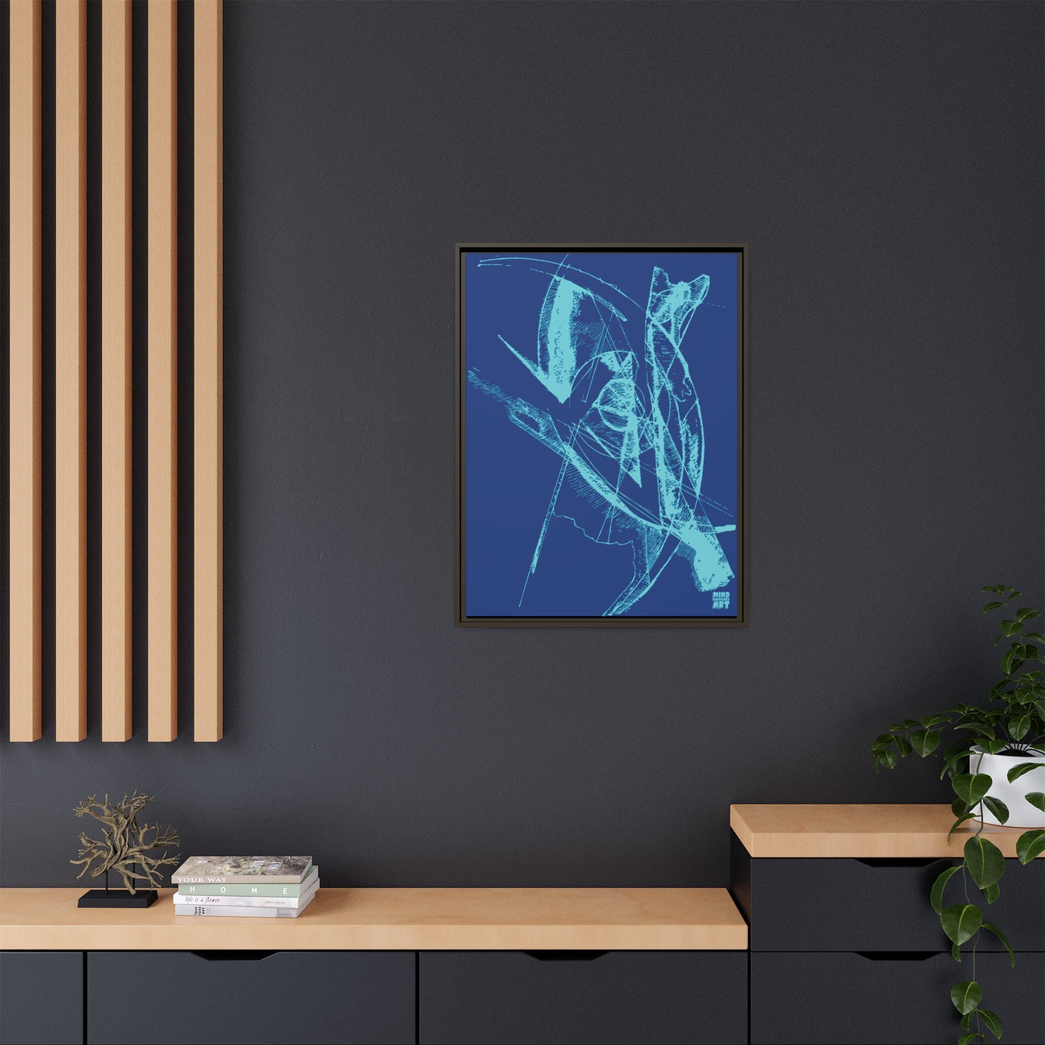 Watching (Aqua, Dark Blue Background) Matte Canvas, Framed