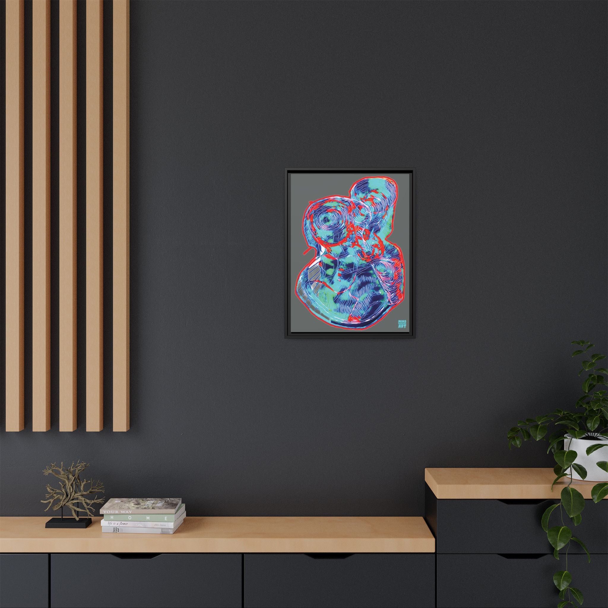 Curiosity (Red & Teal, Dark Gray Background) Matte Canvas, Framed